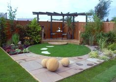 a small garden with grass and rocks on the ground