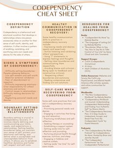 Working toward healing codependency in relationships starts with a foundational understanding of how codependency shows up. This cheat sheet offers several sections including a definition of codependency; signs and symptoms of codependency; self-care ideas in recovery; as well as resources and tools to help when healing from codependency. A useful beginner's guide to build your codependency recovery toolkit. Heal From Codependency, Types Of Codependency, Psychological Wellbeing Practitioner, Healing From Codependency, Codependency Healing Affirmations, How To Stop Being Codependent, What Is Codependency Relationships, Stop Codependency, Co Dependency