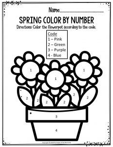 spring color by number worksheet with flowers in a pot for students to practice numbers