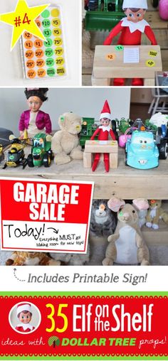 an advertisement for garage sale with elfs and toys