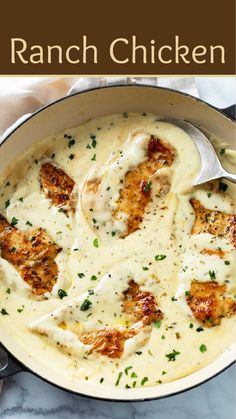 creamy ranch chicken in a skillet with a spoon