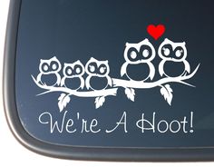 we're a hoot sticker on the side of a car window with three owls sitting on a branch