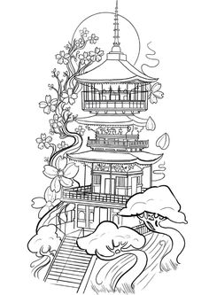 a drawing of a pagoda with trees and flowers in the foreground, on a white background