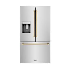 a stainless steel refrigerator freezer with gold trimmings and two doors on both sides