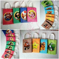 four different pictures of paper bags with mario and luigi characters on them, all in different colors