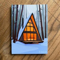 an acrylic painting of a cabin in the woods with snow on the ground