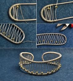 four pictures showing how to make a wire bracelet with beads and pliers on it