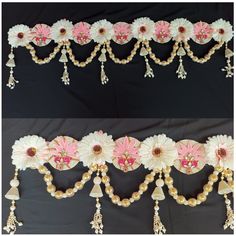 two pictures of flowers and tassels with beads