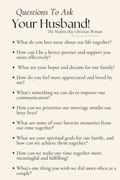 Check out the link in my bio to make your relationship more better. I shared various ways and tools that will help you to strengthen your love. ❤️  ‼️ LIMITED TIME OFFER ‼️  Healthy love || Intimacy tips || Trust building  Credit :- themoderndaychristianwoman (Pinterest) Questions For Husband Marriage, Important Conversations Before Marriage, Intimate Conversation Starters, Marriage Conversation Starters, Aesthetic Of Intimacy, Marriage Topics, Questions To Ask Your Husband, Wife Role, Couple Communication