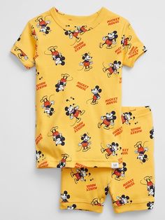 babyGap | Disney Mickey Mouse 100% Organic Cotton PJ Set | Gap Factory Cotton Cartoon Print Short Top, Short Cotton Top With Cartoon Print, Short Cotton Tops With Cartoon Print, Cotton Graphic Print Bottoms For Playwear, Cotton Bottoms With Graphic Print For Playwear, Playful Cotton Bottoms With Character Print, Cotton Mickey Mouse Tops For Playwear, Playful Cotton Shorts For Loungewear, Cotton Loungewear Bottoms With Character Print