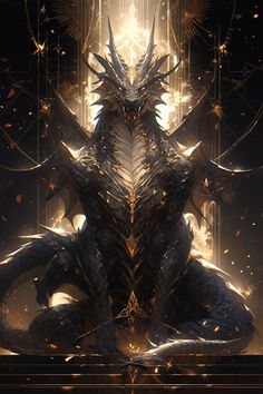 a large black dragon sitting on top of a wooden table in front of a bright light