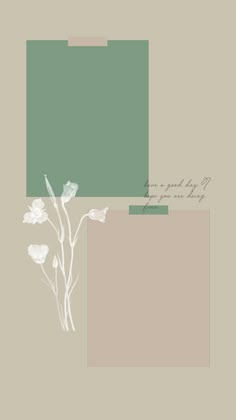 a white flower sitting on top of a green and beige wall next to a light brown rectangle