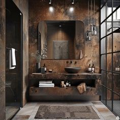 a bathroom with a large mirror, sink and towel rack in it's corner