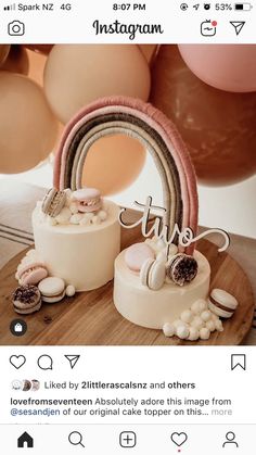 an instagram page with two cakes and balloons in the background