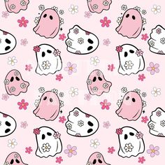 pink and white ghost faces with flowers on a pink background, all in the same pattern