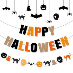 the words happy halloween hanging from strings with bats, pumpkins and ghost heads on them