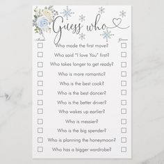 a printable guess game with flowers and snowflakes on the top, which says guess who?