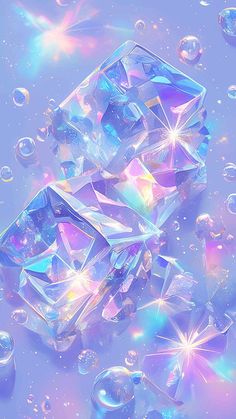 two ice cubes surrounded by bubbles on a blue and pink background with stars in the sky