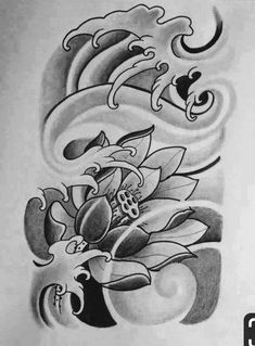 a tattoo design with flowers and waves on the back of a woman's stomach