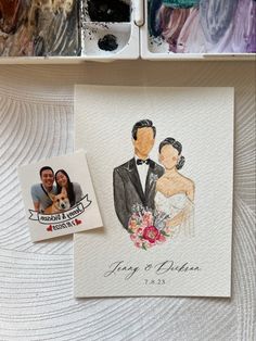 a wedding card with an image of a bride and groom on it next to some crayons