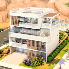 an artist's rendering of a three - story house in the middle of a desert