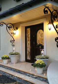 two potted plants sitting on the steps in front of a house with lights on