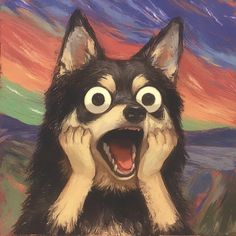 a painting of a dog with its mouth open and eyes wide open in front of a colorful sky