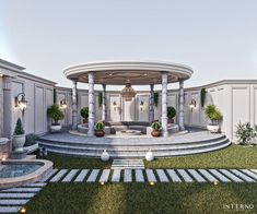 an artistic rendering of a gazebo in the middle of a lawn with steps leading up to it