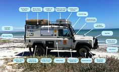 an off road vehicle parked on top of a sandy beach next to the ocean with information about its features