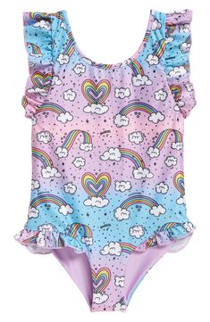 Bright rainbows lend playful flair to this precious kid-sized one-piece adorned by frilly ruffles. 82% polyester, 18% elastane Hand wash, dry flat Imported Lilac Gradient, Rainbow Swimsuit, Kids Swimsuit, Kids Holiday Gifts, Fluffy Clouds, Girls 16, Ruffle Swimsuit, Boy Accessories, Fun In The Sun