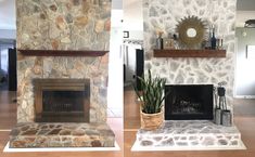 two pictures of a stone fireplace in a living room, one with a potted plant on the mantel