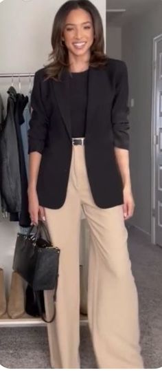 Black And Cream Outfits Classy, Womens Beige Outfit, Spring Outfits Dinner Casual, Beige Pants Business Outfit, Wide Leg Trousers With Blazer, Blazer With Trousers Women, Old Money Aesthetic Outfit Dinner, Wide Leg Pants Outfit With Jacket, Wide Leg Pants Blazer Outfit