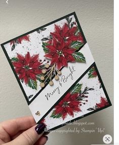 someone holding up a christmas card with poinsettis on it