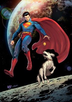 superman flying over the moon with his dog in front of him and an earth background