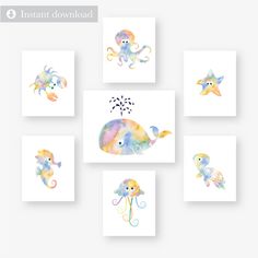 six watercolor paintings of sea animals on white paper, each with an octopus and starfish