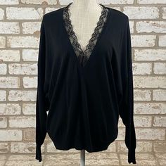 Size S (Fits S-M) Black Knit Vneck Lace Trimmed Never Worn Black Fine Knit V-neck Top, Black V-neck Sweater For Loungewear, Black V-neck Sweater For Layering, Black V-neck Top For Fall, Elegant Black V-neck Top For Fall, Black Knit, Vneck Sweater, Lace Trim, Sweaters For Women