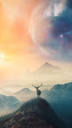 a deer standing on top of a mountain under a sky filled with stars and planets