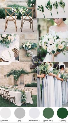 the wedding color scheme is green, white and grey with greenery on it's side