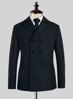 Truly unique, rough and rugged, our Harris Tweed Dark Blue Herringbone Pea Coat is luxurious and distinctive, unlike any other jacket. Crafted from pure wool, the Harris Tweed coat is an essential investment for the modern gentleman that will exude contemporary yet timeless tailored style.   Look Includes  Harris Tweed Dark Blue Herringbone Fabric  Horn Royal Black Buttons  Side Pockets   You can change the look by changing the options.  Lining: 100% Viscose, Dry Clean. Double-breasted Tweed Jacket With Button Fastening, Winter Tweed Outerwear With Welt Pockets, Business Wool Coat With Herringbone Pattern, Tweed Outerwear With Notch Lapel And Buttons, Tweed Outerwear With Welt Pockets For Winter, Winter Tweed Sport Coat For Work, Business Tweed Outerwear With Concealed Placket, Luxury Tweed Outerwear For Fall, Classic Tweed Outerwear With Double-breasted Button