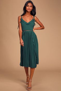 Never a Dull Moment Emerald Green Tie-Strap Pleated Midi Dress Pleated Dress Midi, Never A Dull Moment, Midi Dress Formal, Fall Wedding Guest Dress, Lulus Dresses, Dress Pleated, Guest Attire, Strapless Midi Dress, Cocktail Attire