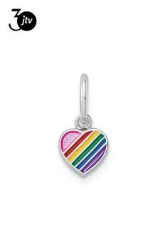 Rhodium over sterling silver children's rainbow enameled heart pendant with polished finish. Measures approximately 9/16"L x 1/4"W. Personalized Rainbow Heart Jewelry, Personalized Heart-shaped Rainbow Jewelry, Sterling Silver Multicolor Jewelry With Heart Charm, Rainbow Heart Charm Jewelry For Valentine's Day, Sterling Silver Multicolor Charms Jewelry, Multicolor Sterling Silver Charms Jewelry, Heart For Kids, Heart Pendant, Rainbow