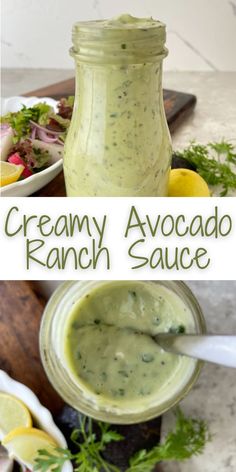 creamy avocado ranch sauce in a mason jar next to a bowl of salad