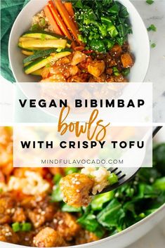 vegan bibimba bowl with crispy tofu and veggies in it