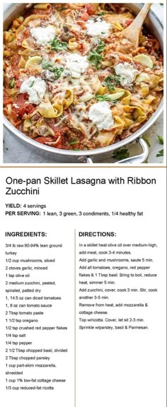 the recipe for one pan skillet lasagna with ribbon