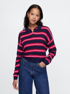 Relaxed polo shirt sweatshirt. Gap Pullover, Navy Blue And Pink, Plush Yarn, Sweater Polo, Everyday Luxury, Polo Sweater, Navy Pink, Polo Collar, Pink Stripes