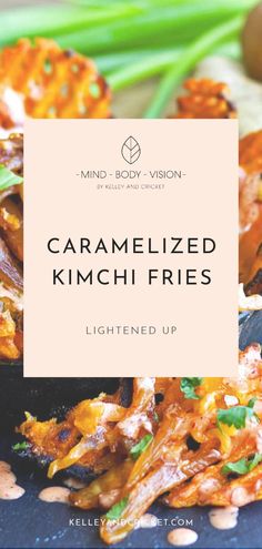 caramelized kimchi fries on a blue plate with green onions and limes in the background