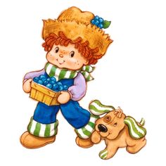 a sticker with a boy holding a basket next to a dog