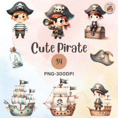 cute pirate clipart set with watercolors and hand drawn characters in cartoon style