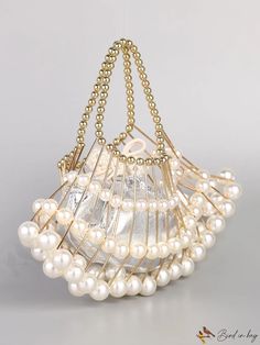 BirdinBag - Womens Shell-Shaped Clutch Bag with Pearl Embellishments - Elegant Evening Accessory Pearl Handle Satchel Evening Bag For Party, Chic Metal Clutch Bag, Evening Satchel Bag With Pearl Handle, Evening Satchel With Pearl Handle, Elegant Gold Bucket Bag With Large Capacity, Chic Metal Bags As Gifts, Elegant Beaded Bucket Bag, Elegant Satchel Bucket Bag For Party, Gold Metal Bag For Everyday Use