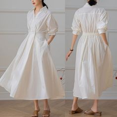 Cool and comfortable for hot summer days, this white linen dress is elegant and stylish.    It is a wonderful wardrobe staple that's a timeless classic you'll wear again and again.Linen materials, comfortable, breathable, refreshing and soft fabric. All our items are Tailored and Handmade and Made to Order ,I can make Any Size . I design new styles every week, please collect my store. I believe that you will meet your favorite styles. ★★FEATURES Linen 55% + Cotton 45% ( Medium Weight，Comfortable, Breathable and Washed Soft fabric) Two side pockets Half sleeve Pleated waist details Front button closure Back elastic waist Shirt dress White dress Maxi linen dress Casual linen dress Long linen dress Plus size dress Simple dress Perfect for Summer, Spring ★★ Bespoke Order Service If you Request Chic White A-line Linen Dress, Elegant Solid Color Summer Shirt Dress, Elegant Linen Dress For Beach, Elegant Cotton Shirt Dress, Elegant Solid Color Shirt Dress For Beach, Elegant Solid Shirt Dress For Beach, White Cotton Shirt Dress For Summer, White Cotton Shirt Dress For Spring, Knee-length White Cotton Shirt Dress